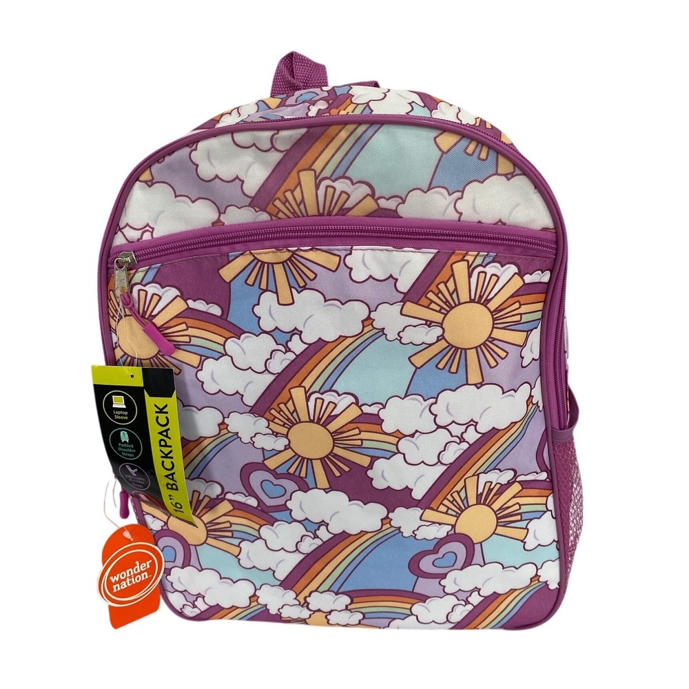 Wonder Nation Backpack Kids 16‎ Inch Purple Rainbow Sun Laptop Sleeve NWT